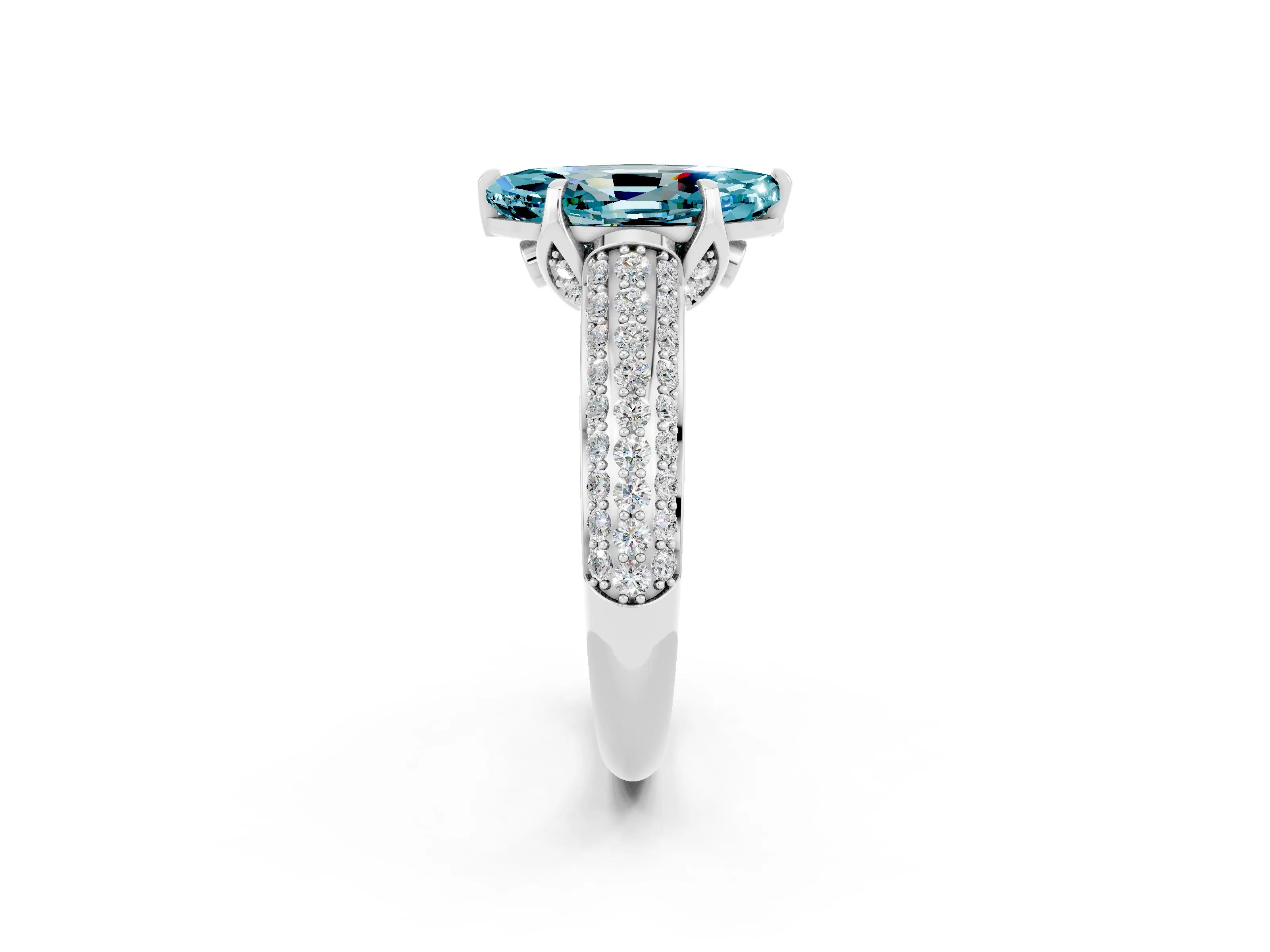 White gold Marquise Cut Blue Topaz Solitaire Ring with Three-Row Pavé Band and Four-Prong Setting_14