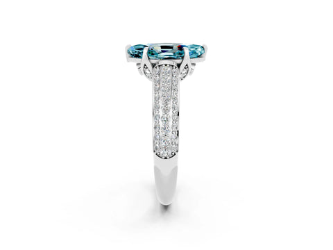 White gold Marquise Cut Blue Topaz Solitaire Ring with Three-Row Pavé Band and Four-Prong Setting_14