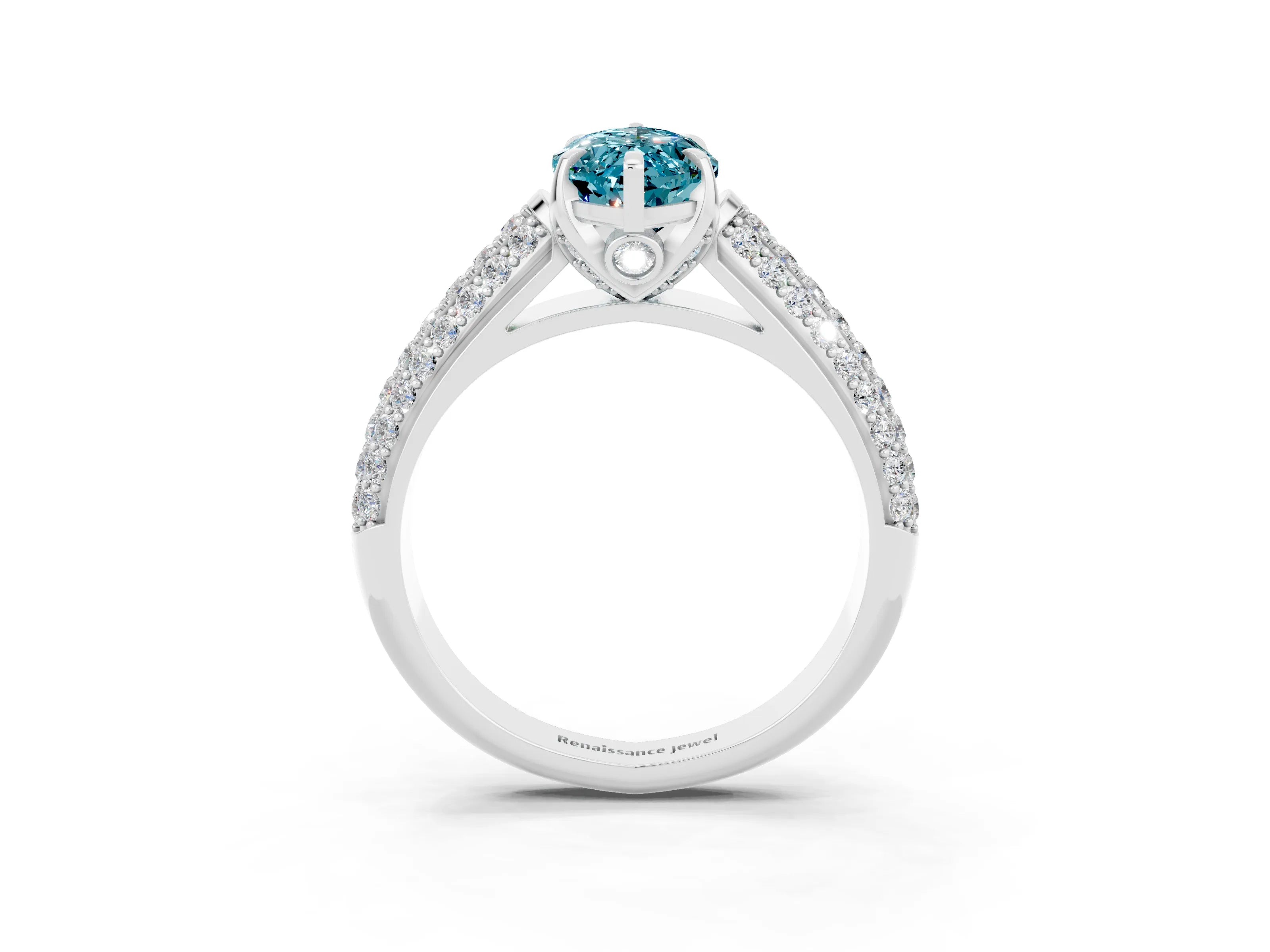 White gold Marquise Cut Blue Topaz Solitaire Ring with Three-Row Pavé Band and Four-Prong Setting_15