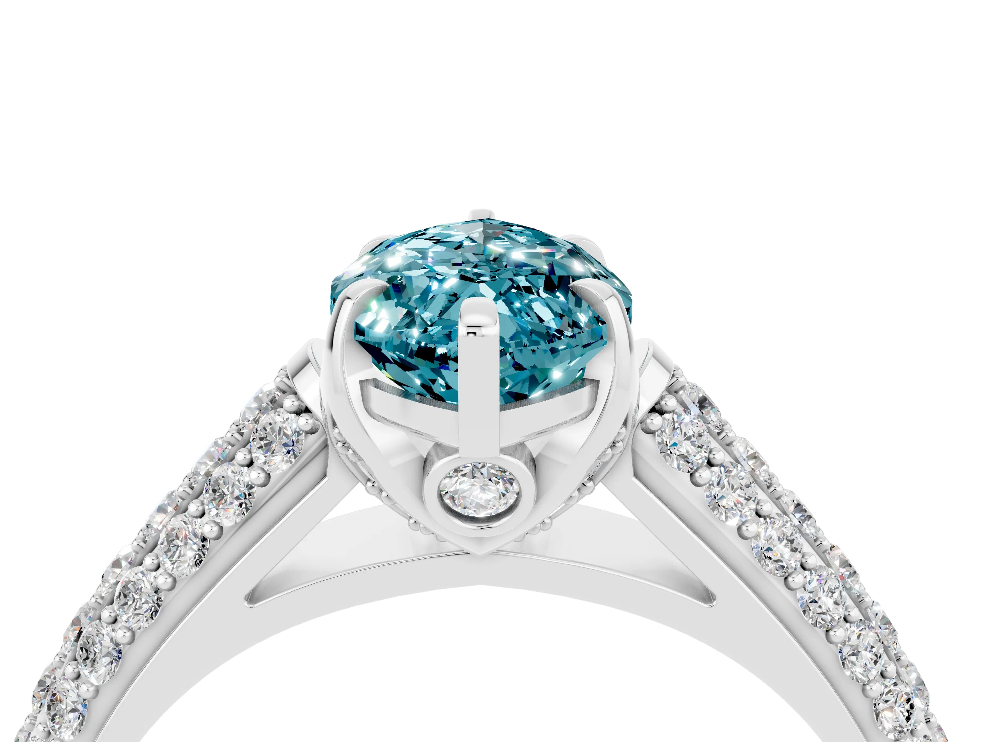 White gold Marquise Cut Blue Topaz Solitaire Ring with Three-Row Pavé Band and Four-Prong Setting_16