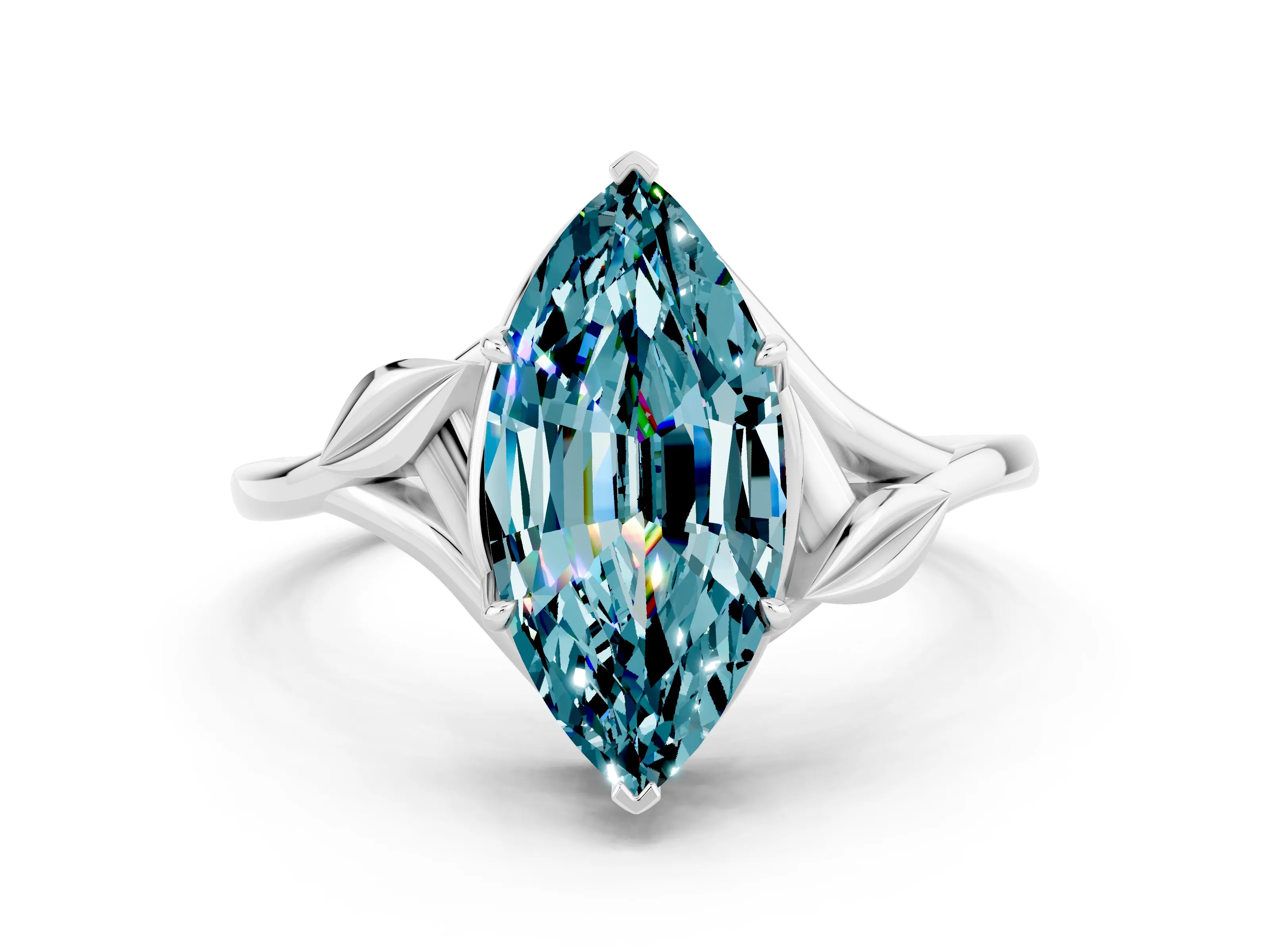 White gold Marquise Cut Blue Topaz Solitaire Ring with Twist Band and Four-Prong Setting_12