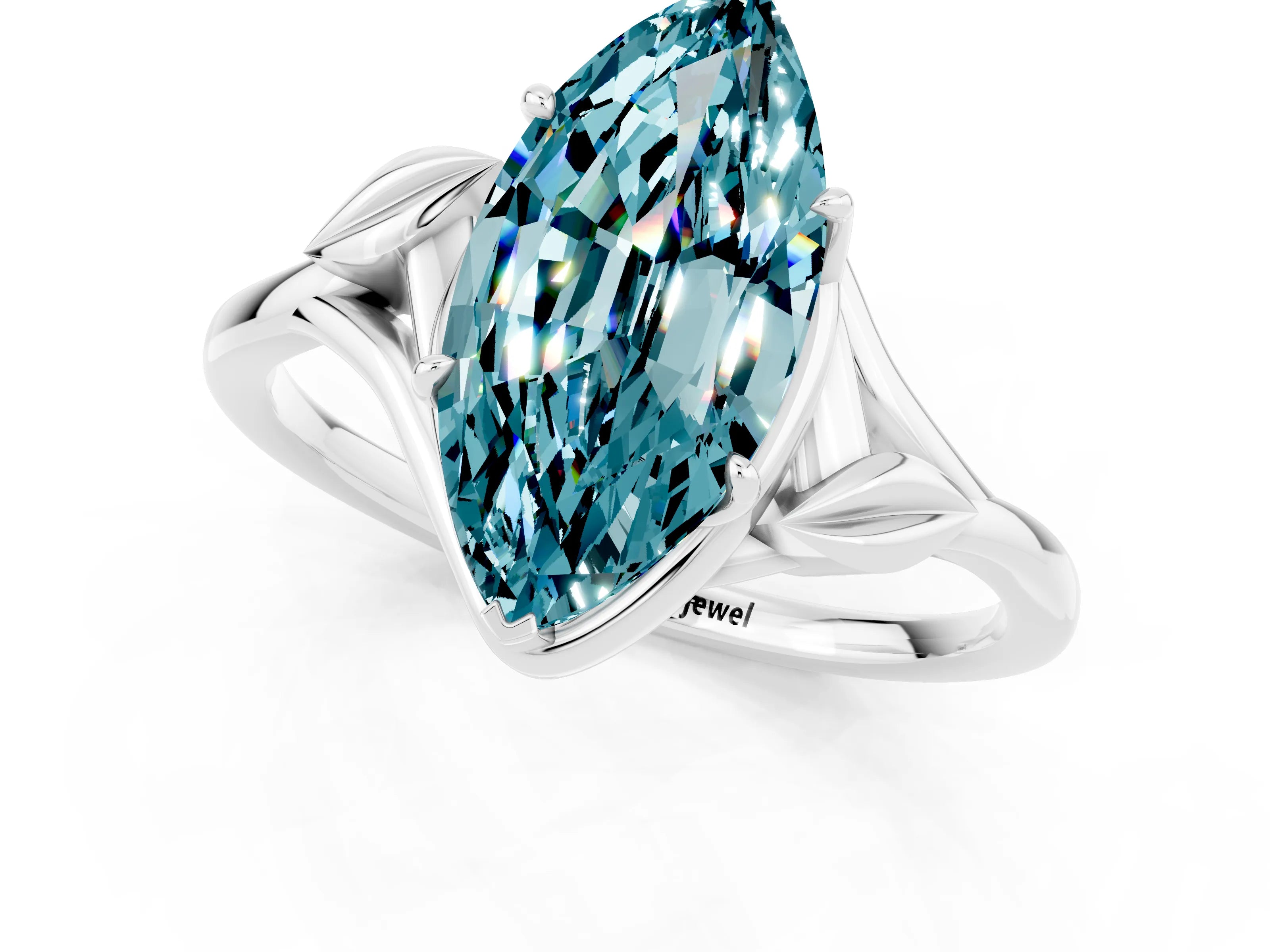 White gold Marquise Cut Blue Topaz Solitaire Ring with Twist Band and Four-Prong Setting_13