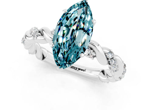 White gold Marquise Cut Blue Topaz Solitaire Ring with Twisted Band and Pavé Accents_1
