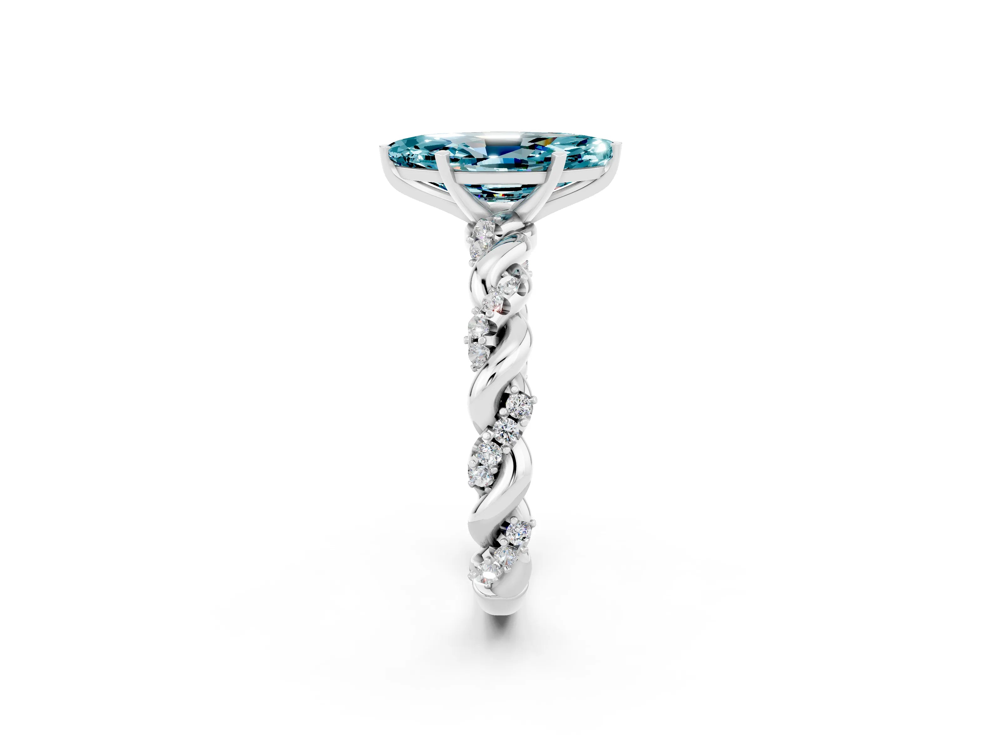 White gold Marquise Cut Blue Topaz Solitaire Ring with Twisted Band and Pavé Accents_2