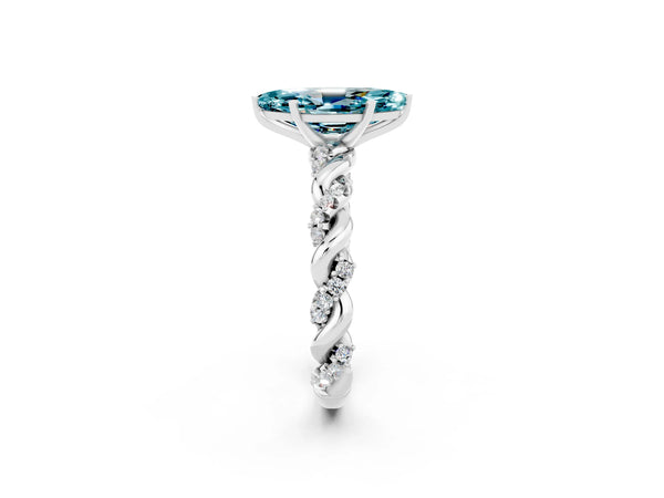 White gold Marquise Cut Blue Topaz Solitaire Ring with Twisted Band and Pavé Accents