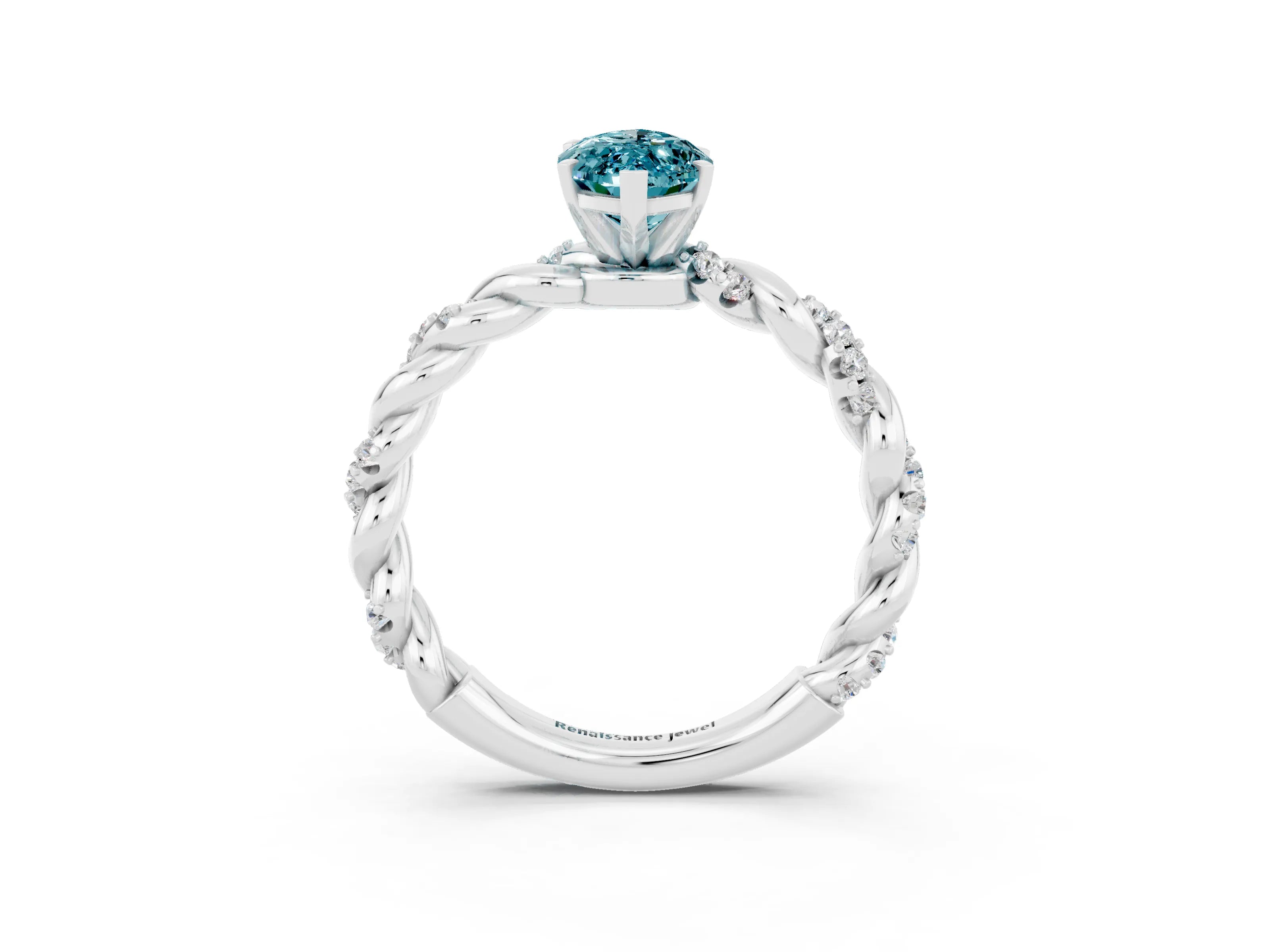 White gold Marquise Cut Blue Topaz Solitaire Ring with Twisted Band and Pavé Accents_3
