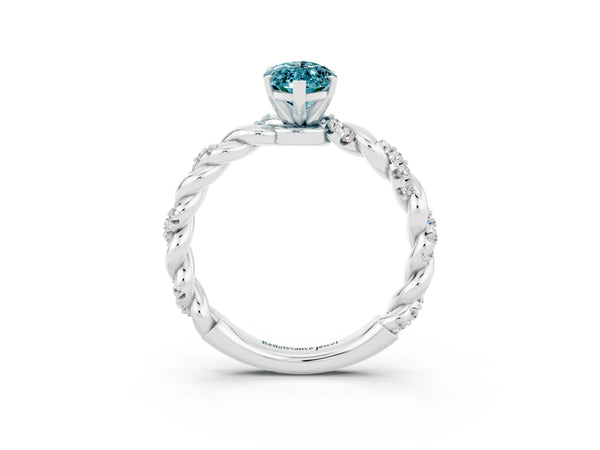 Silver Marquise Cut Blue Topaz Solitaire Ring with Twisted Band and Pavé Accents