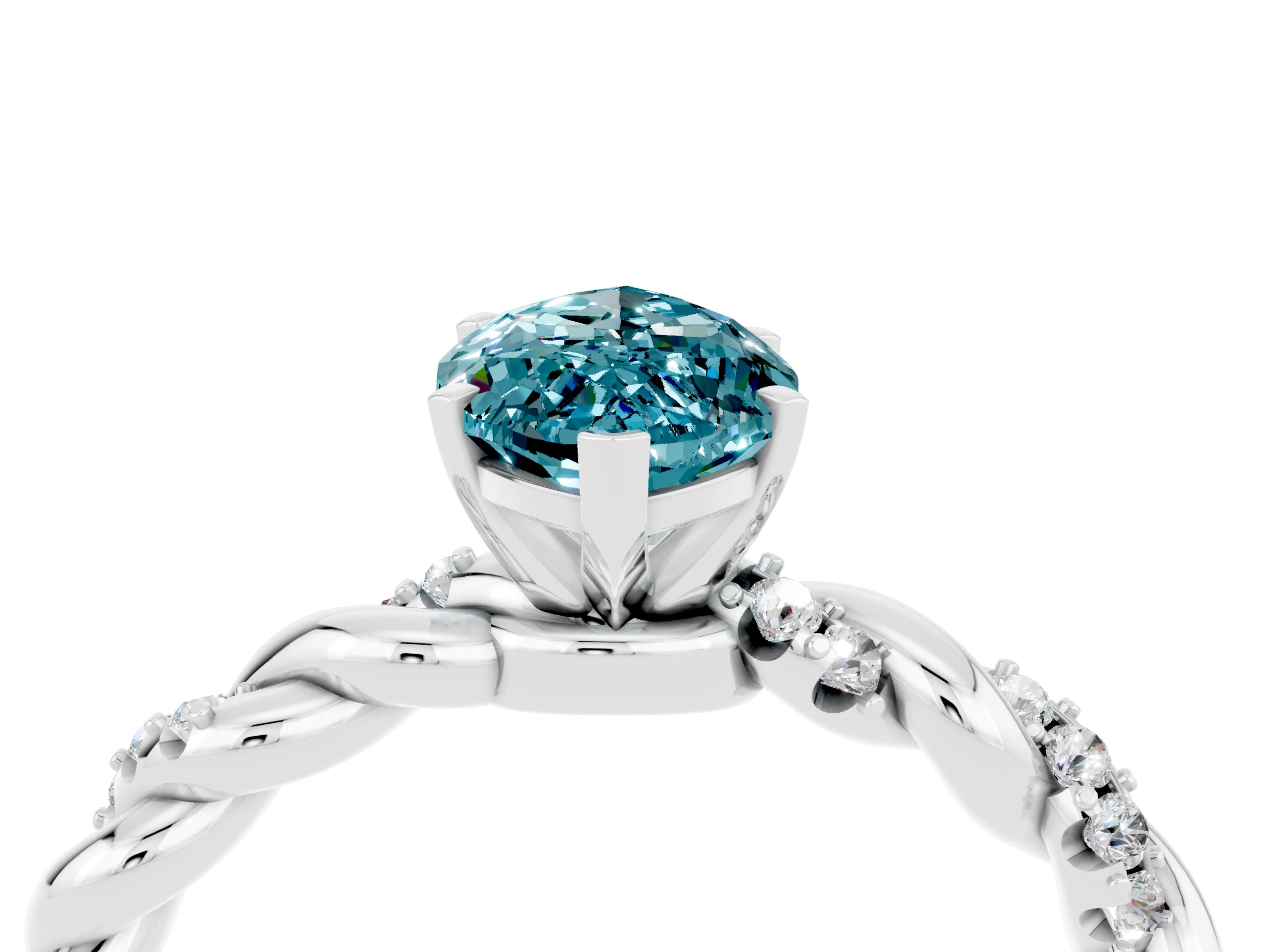 White gold Marquise Cut Blue Topaz Solitaire Ring with Twisted Band and Pavé Accents_4