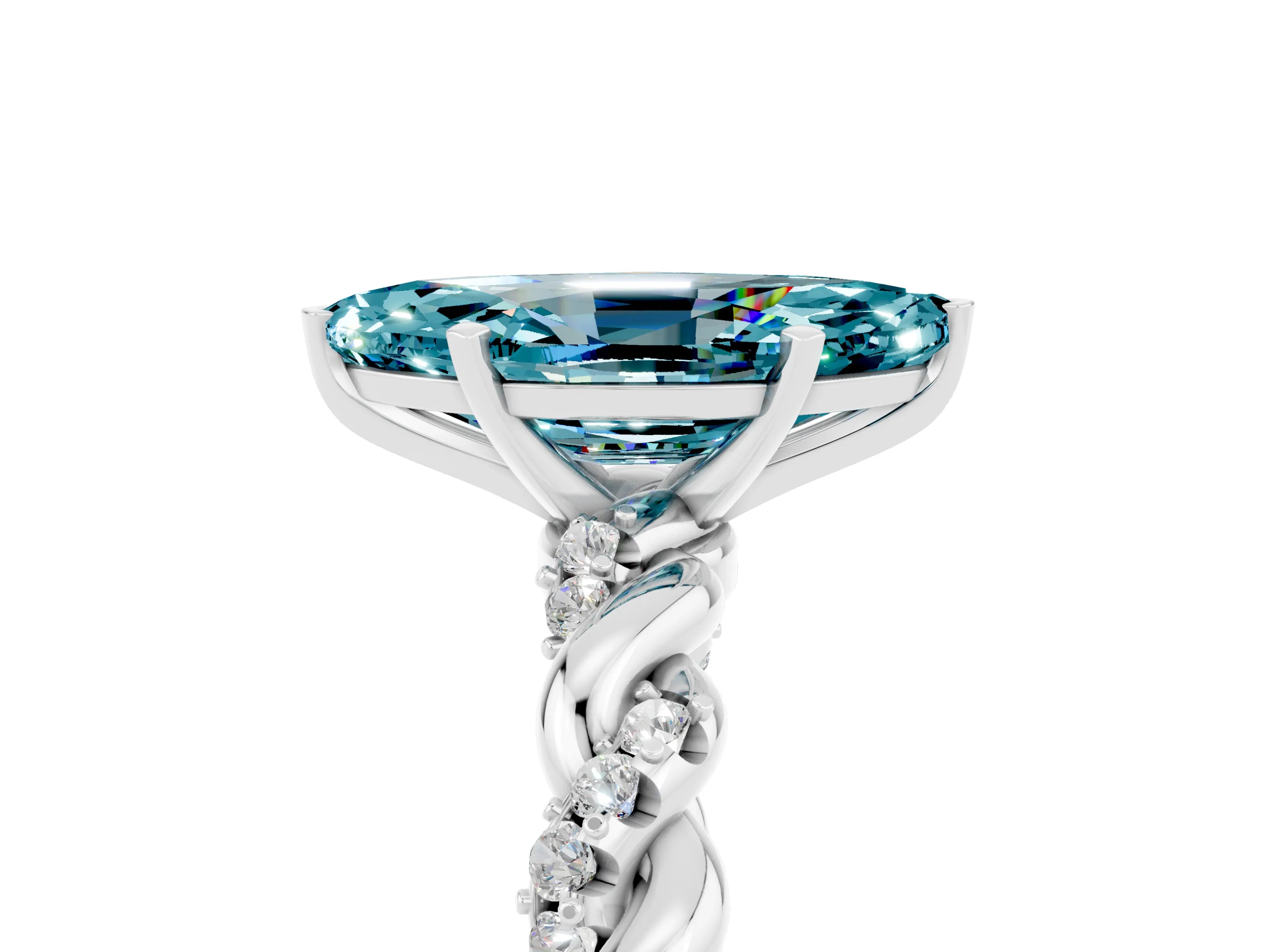 White gold Marquise Cut Blue Topaz Solitaire Ring with Twisted Band and Pavé Accents_5