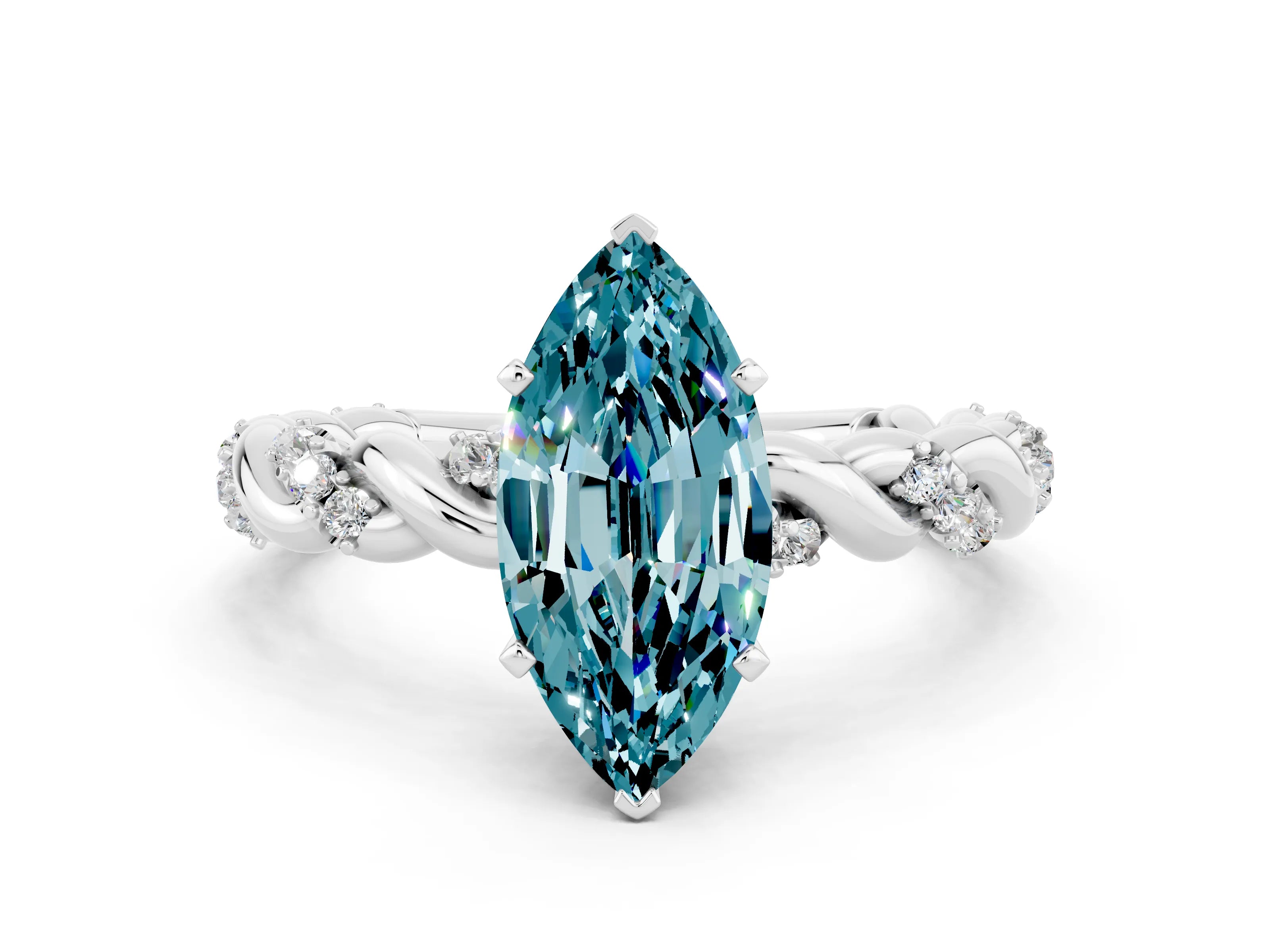 White gold Marquise Cut Blue Topaz Solitaire Ring with Twisted Band and Pavé Accents