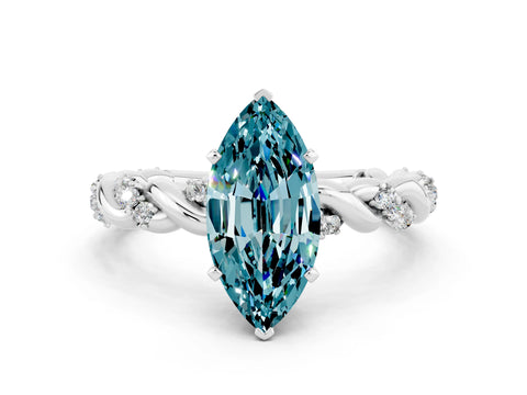 White gold Marquise Cut Blue Topaz Solitaire Ring with Twisted Band and Pavé Accents