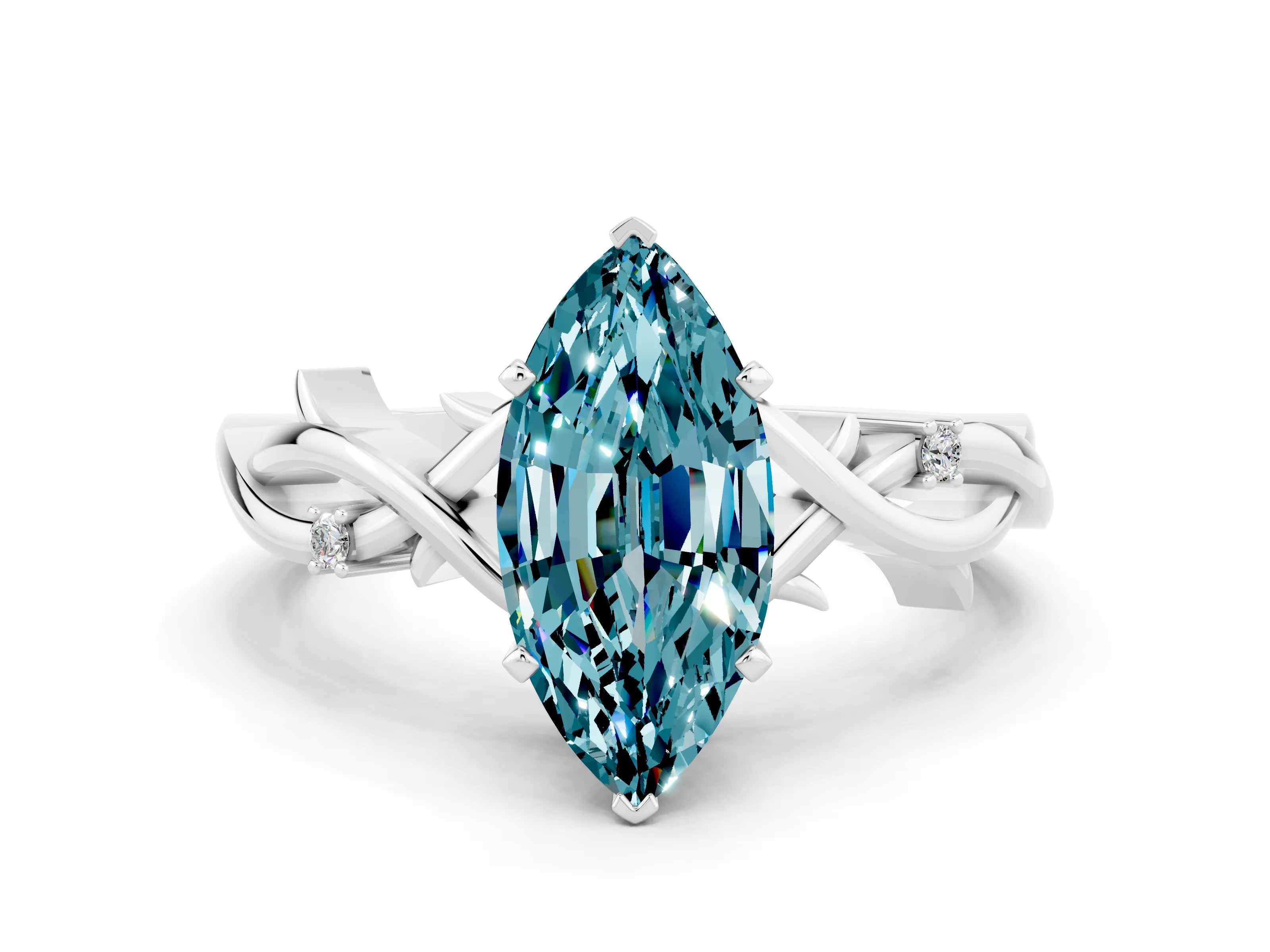 White gold Marquise Cut Blue Topaz Solitaire Ring with Twisted Band and Prong Setting