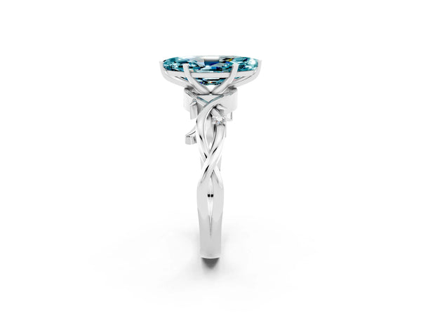 White gold Marquise Cut Blue Topaz Solitaire Ring with Twisted Band and Prong Setting