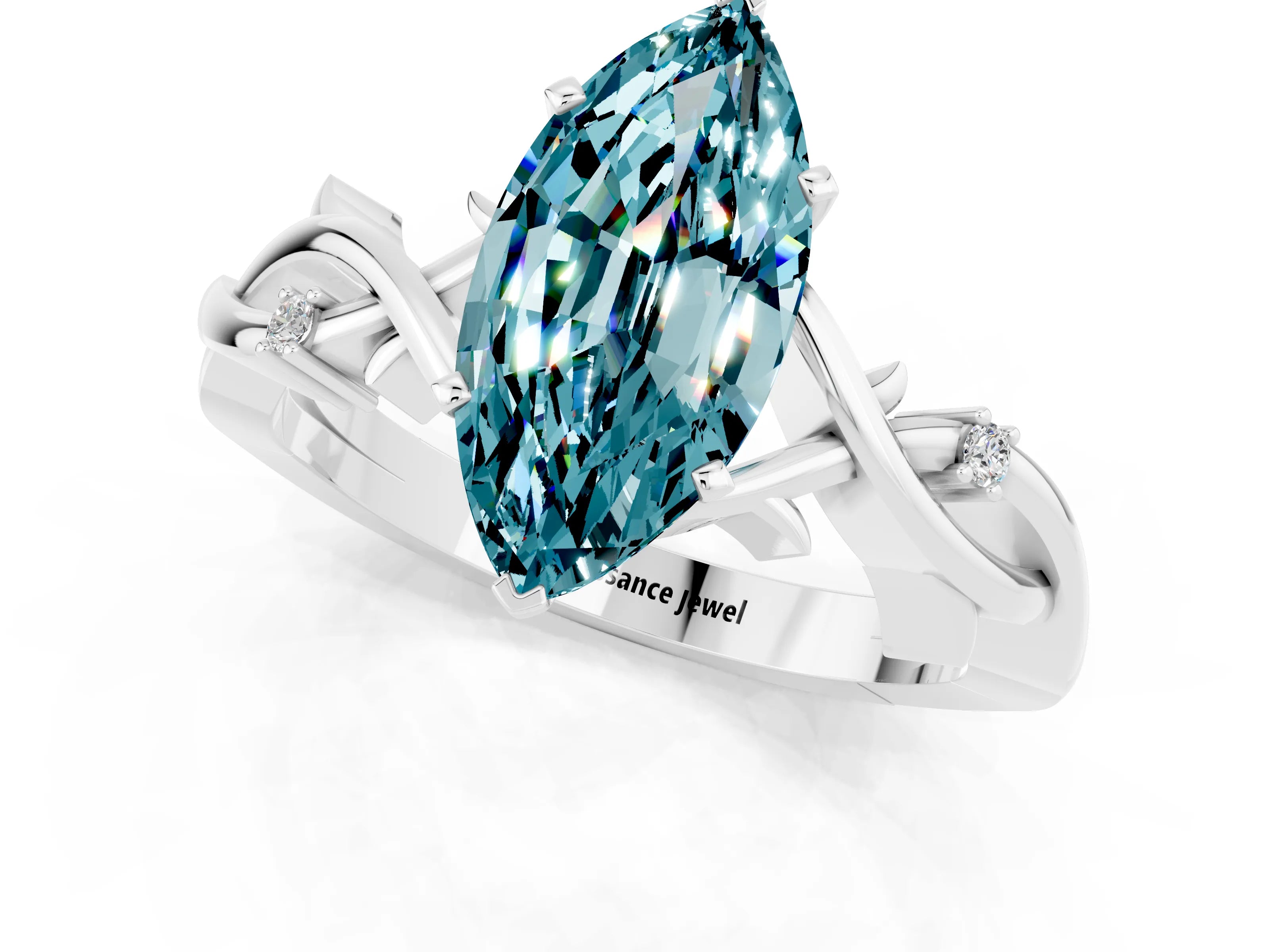 White gold Marquise Cut Blue Topaz Solitaire Ring with Twisted Band and Prong Setting_1