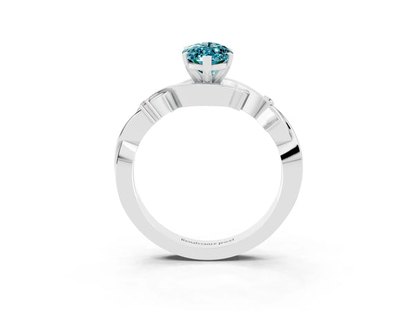 Silver Marquise Cut Blue Topaz Solitaire Ring with Twisted Band and Prong Setting