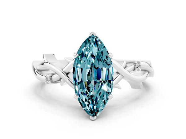 Silver Marquise Cut Blue Topaz Solitaire Ring with Twisted Band and Prong Setting