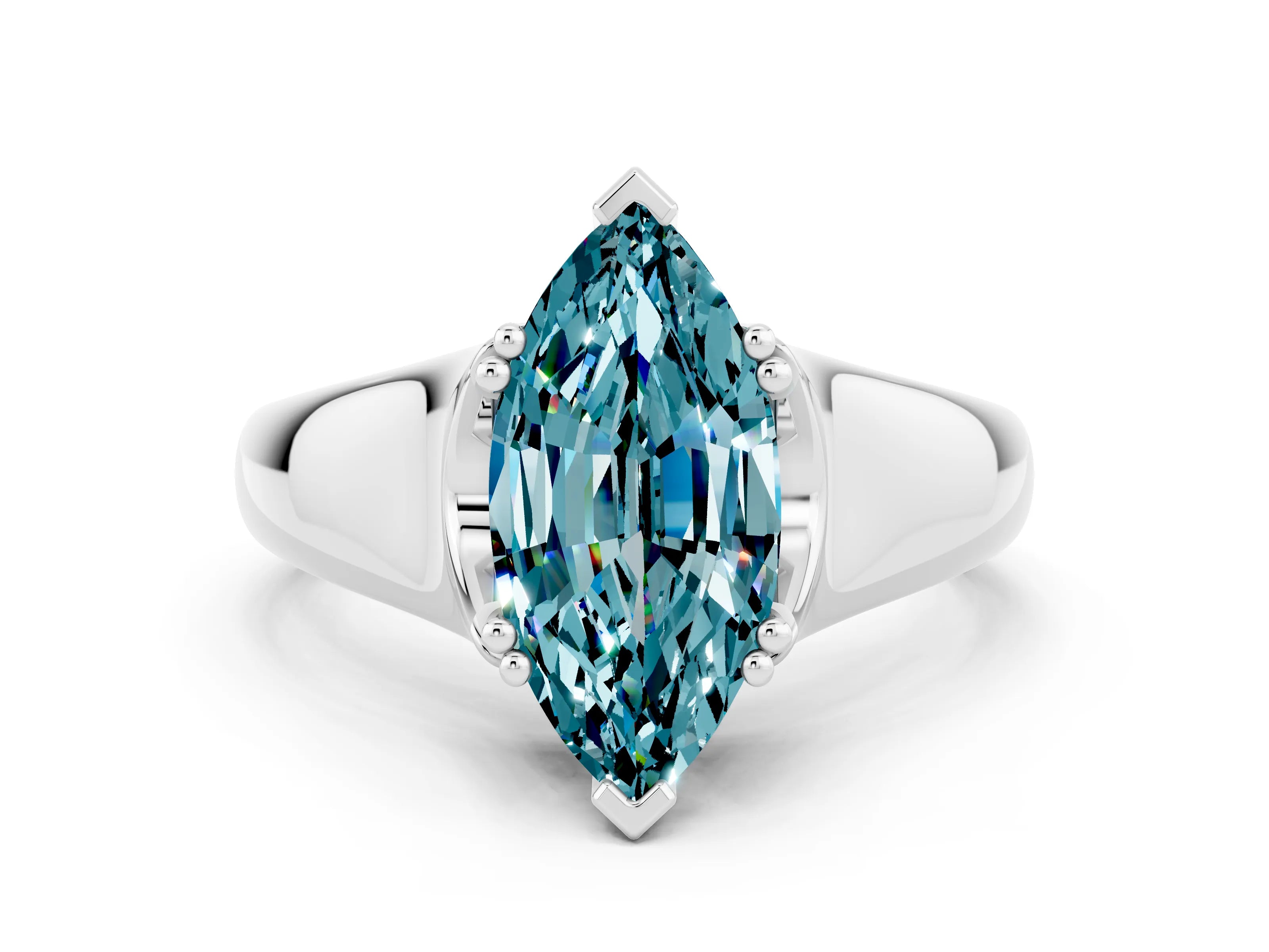 White gold Marquise Cut Blue Topaz Solitaire Ring with Wide Band and Prong Setting