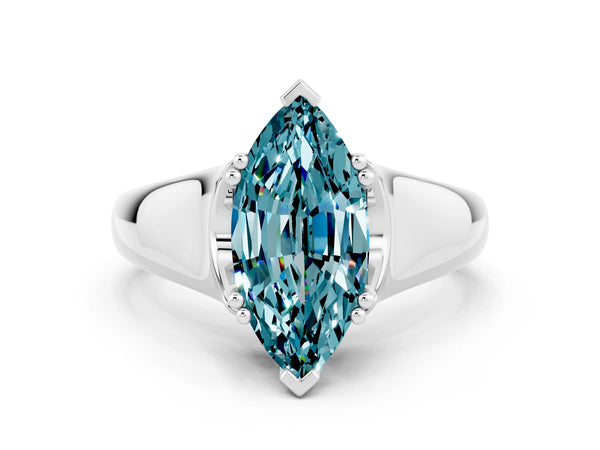 White gold Marquise Cut Blue Topaz Solitaire Ring with Wide Band and Prong Setting