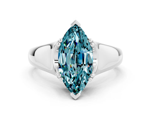 White gold Marquise Cut Blue Topaz Solitaire Ring with Wide Band and Prong Setting