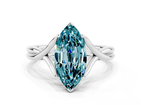 Platinum Marquise Cut Blue Topaz Solitaire Twist Band Prong Setting Ring