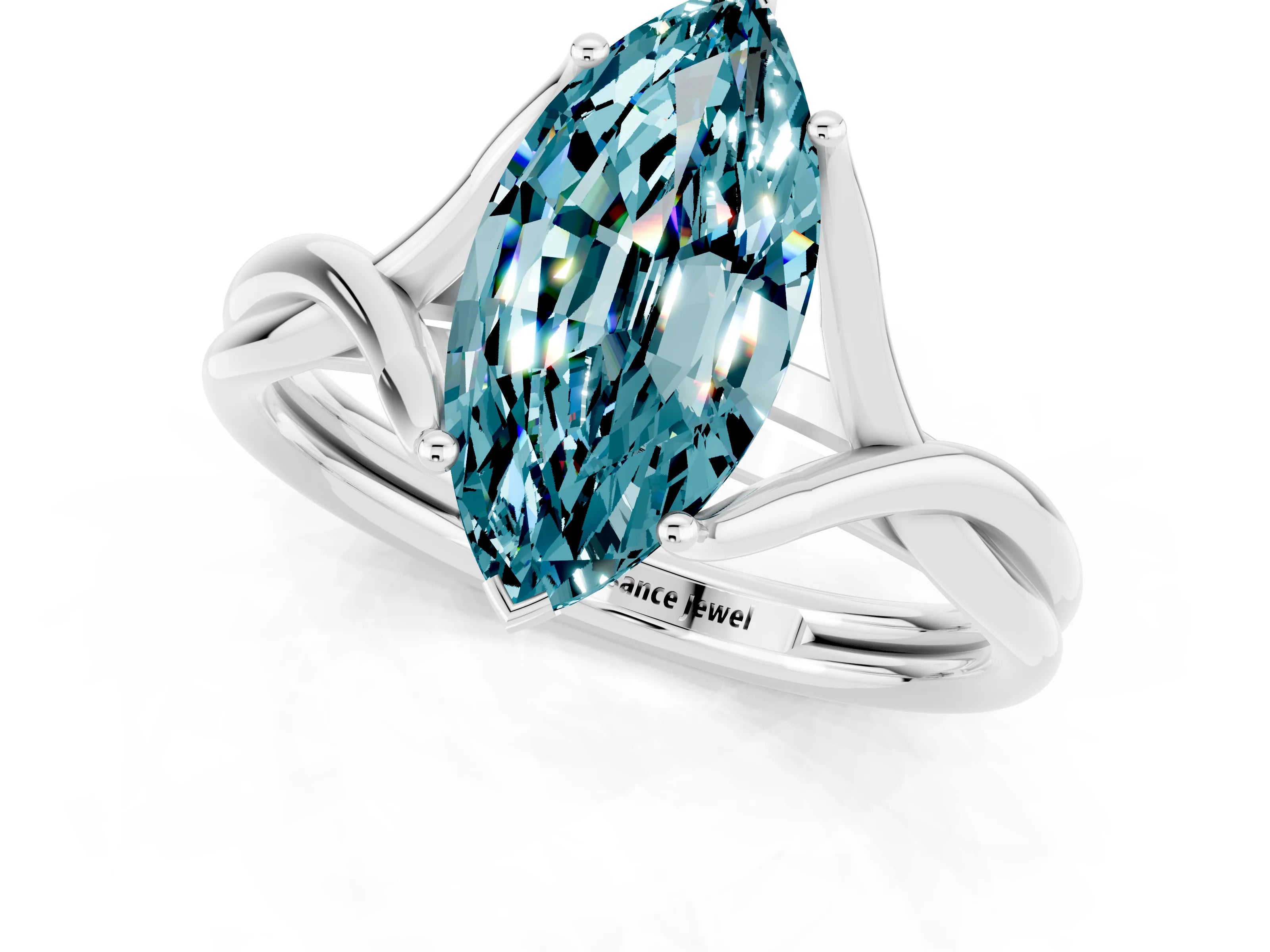 White gold Marquise Cut Blue Topaz Solitaire Twist Band Prong Setting Ring_61