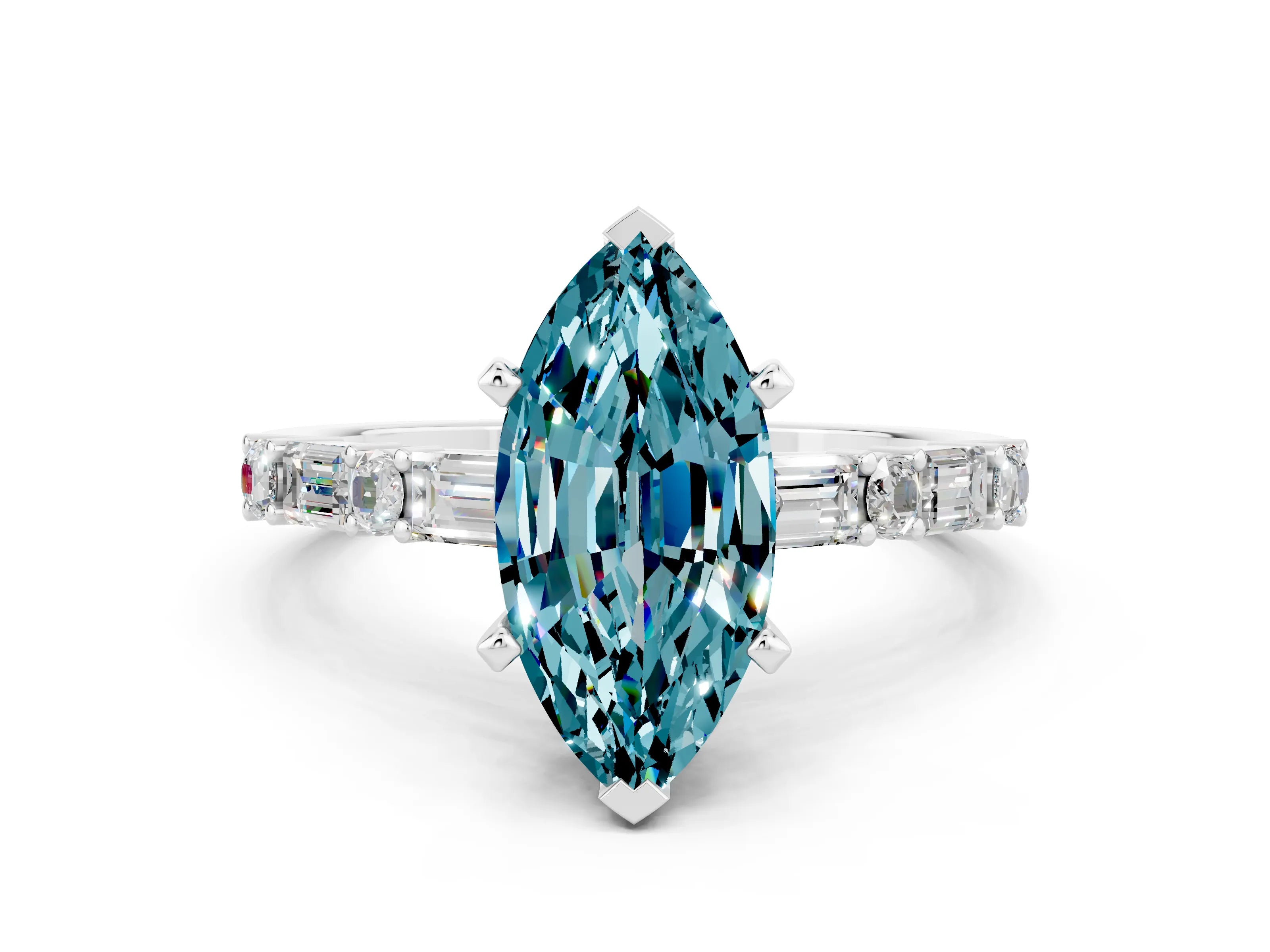 White gold Marquise Cut Blue Topaz Solitaire with Side Baguettes and Channel Set Band