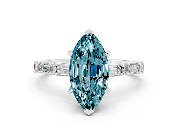 Platinum Marquise Cut Blue Topaz Solitaire with Side Baguettes and Channel Set Band