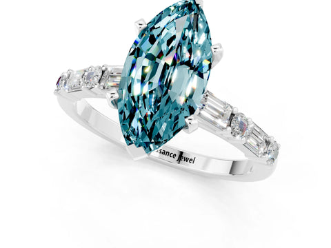 White gold Marquise Cut Blue Topaz Solitaire with Side Baguettes and Channel Set Band_1