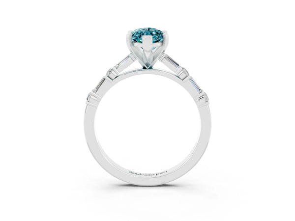Silver Marquise Cut Blue Topaz Solitaire with Side Baguettes and Channel Set Band
