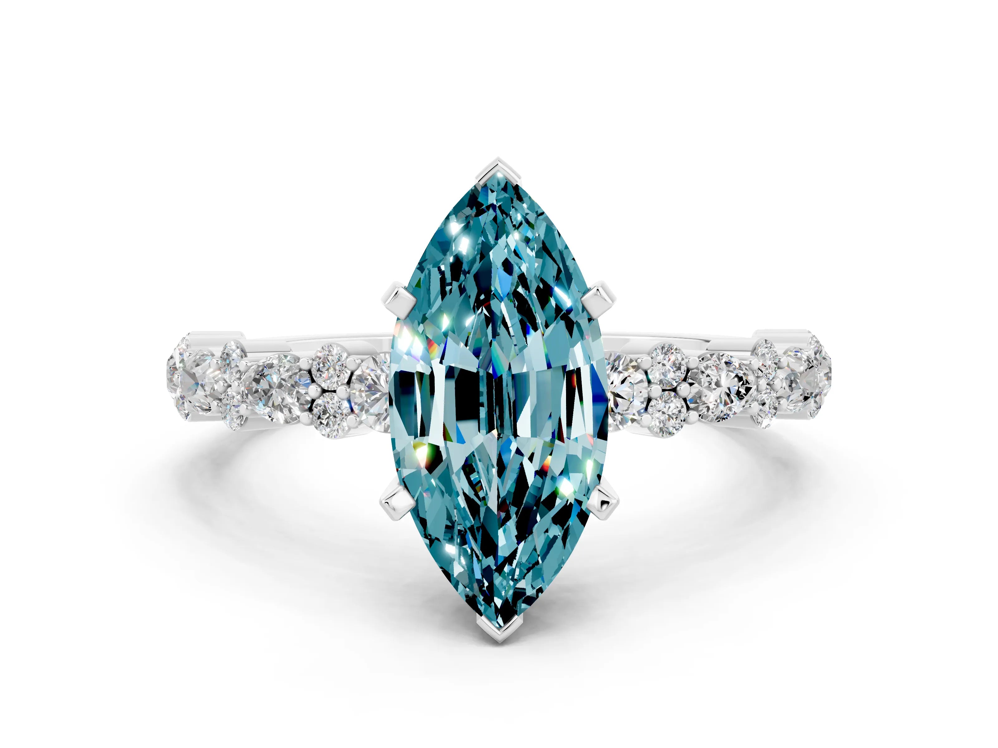 White gold Marquise Cut Blue Topaz Solitaire with Side Stones, Pave Band, Four-Prong Setting_36