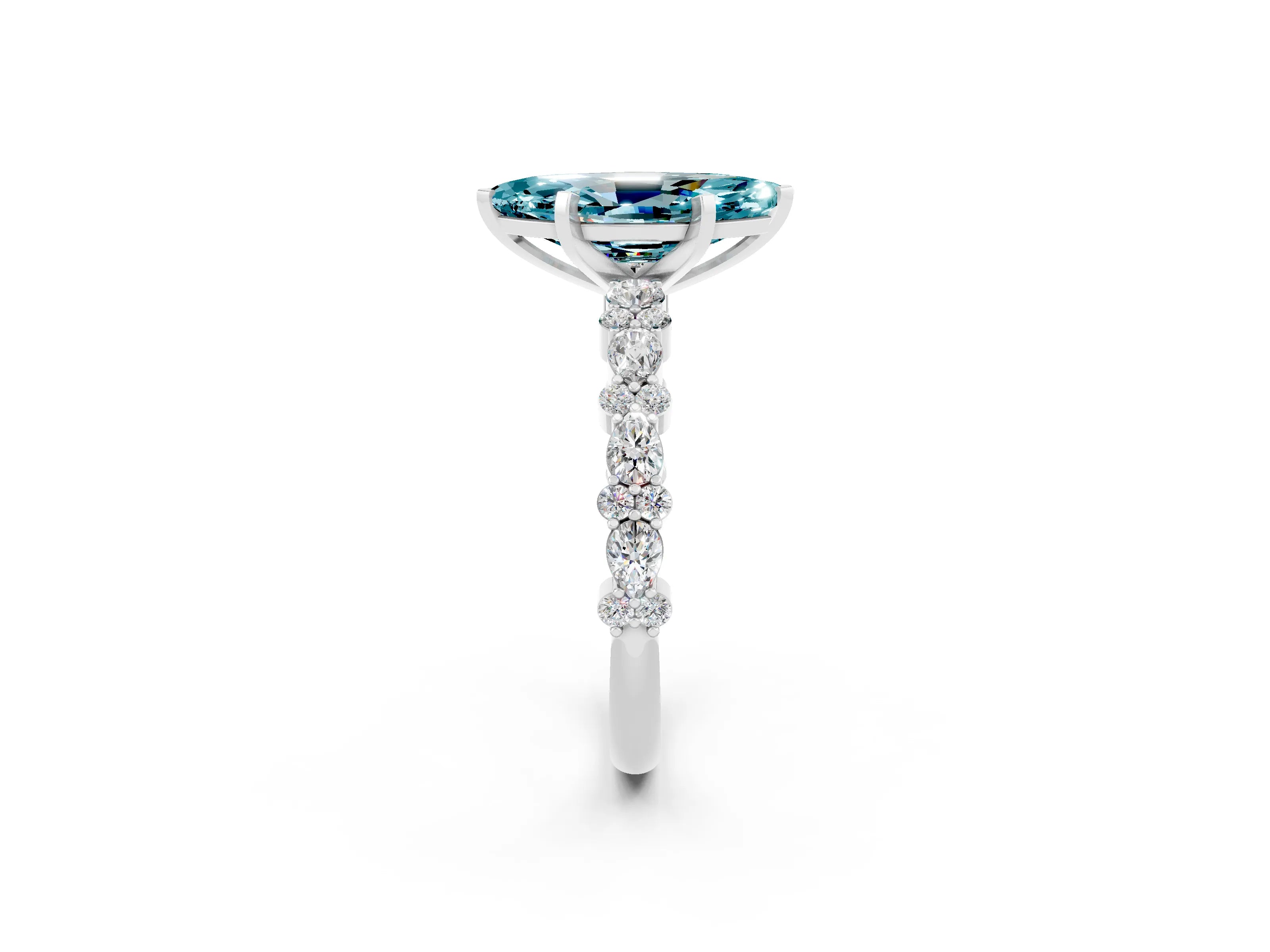 White gold Marquise Cut Blue Topaz Solitaire with Side Stones, Pave Band, Four-Prong Setting_38