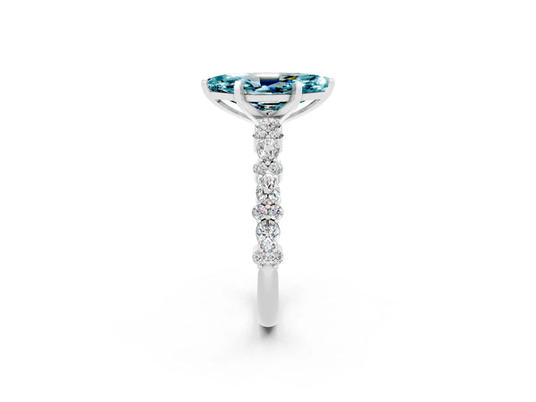 Silver Marquise Cut Blue Topaz Side Stone Solitaire Ring with Round  and Four-Prong Setting