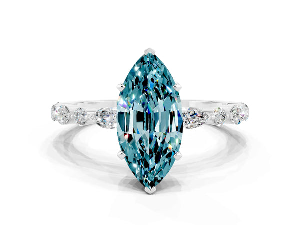 Platinum Marquise Cut Blue Topaz Ring with Marquise and Round  Side Stones and Four-Prong Setting
