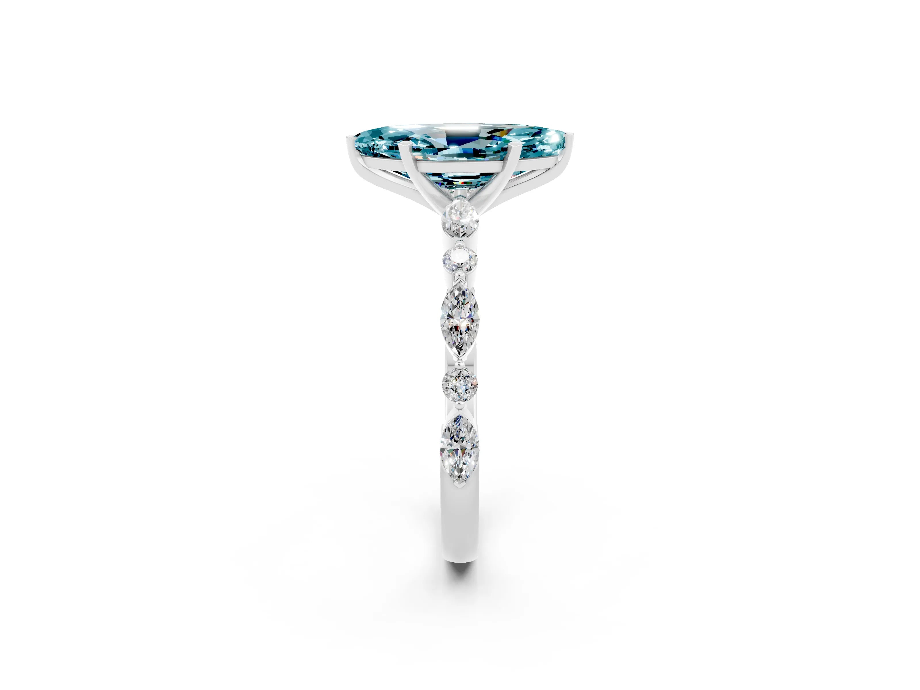 White gold Marquise Cut Blue Topaz Solitaire with Side Stones on a Pavé Band and Four-Prong Setting_2