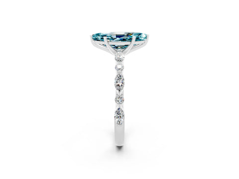 White gold Marquise Cut Blue Topaz Solitaire with Side Stones on a Pavé Band and Four-Prong Setting_2