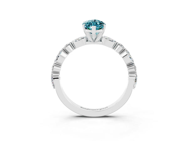 Platinum Marquise Cut Blue Topaz Ring with Marquise and Round  Side Stones and Four-Prong Setting