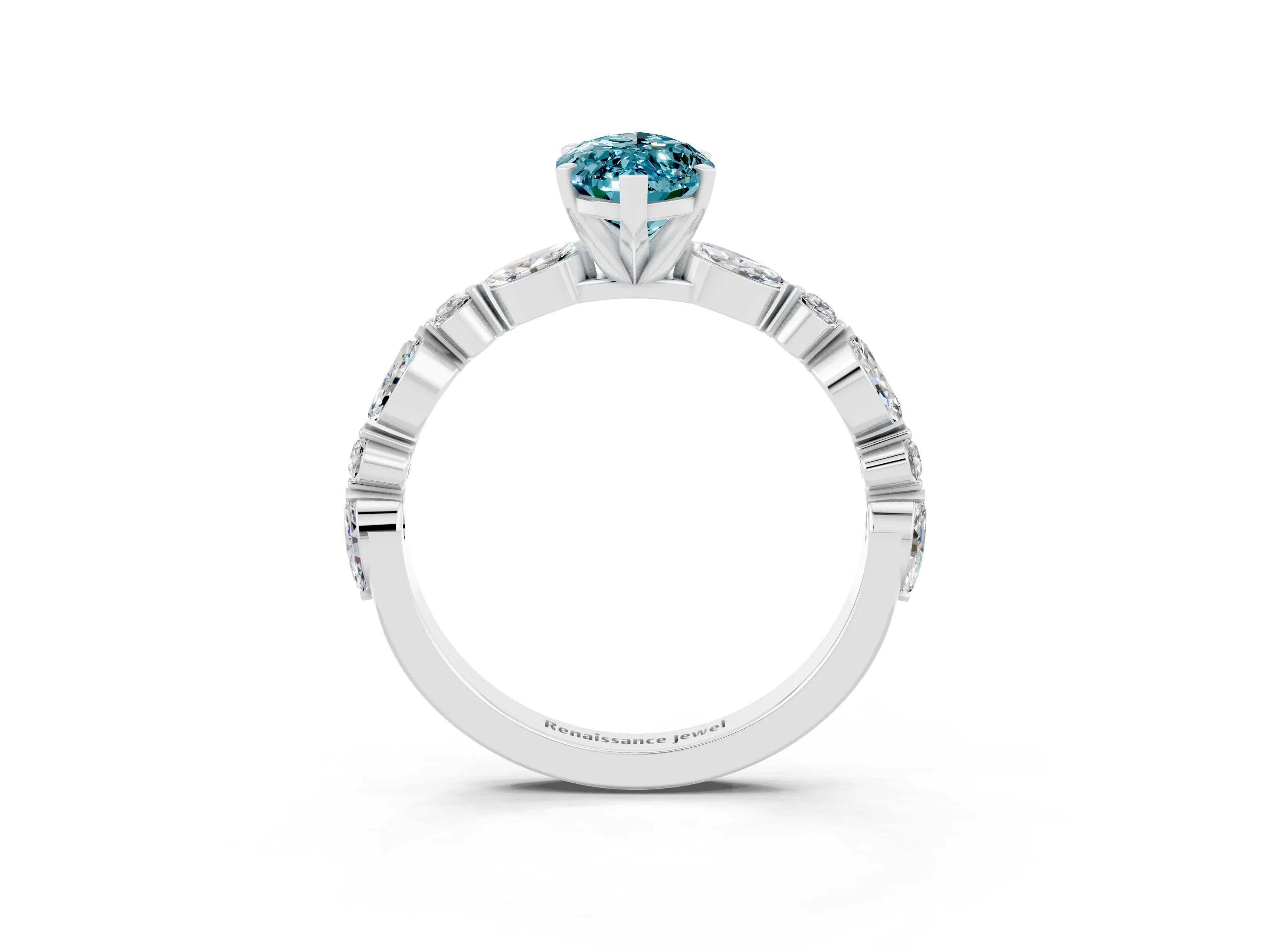 White gold Marquise Cut Blue Topaz Solitaire with Side Stones on a Pavé Band and Four-Prong Setting_3