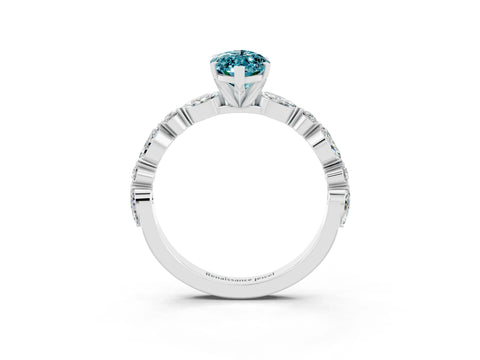 White gold Marquise Cut Blue Topaz Solitaire with Side Stones on a Pavé Band and Four-Prong Setting_3