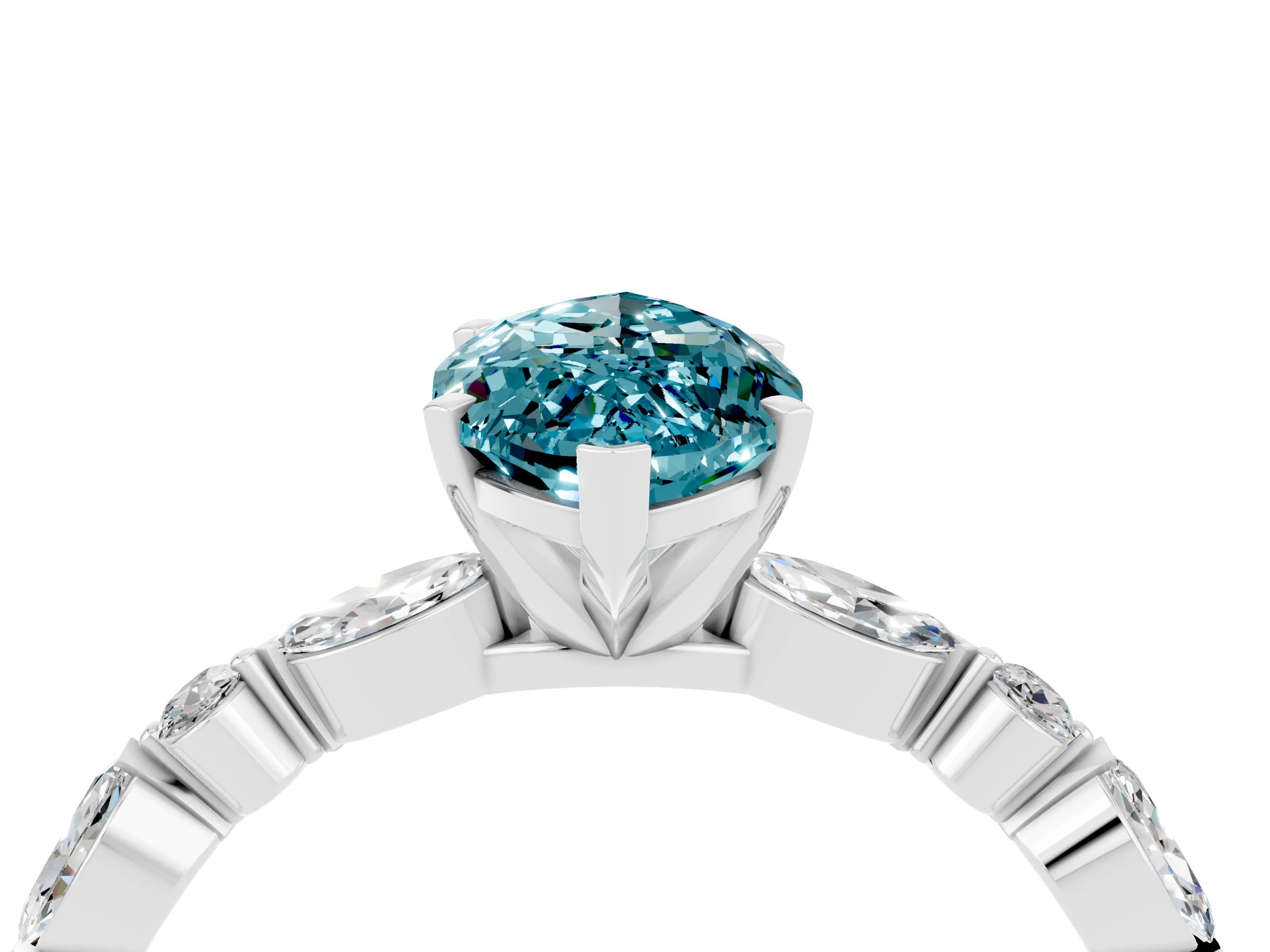 White gold Marquise Cut Blue Topaz Solitaire with Side Stones on a Pavé Band and Four-Prong Setting_4