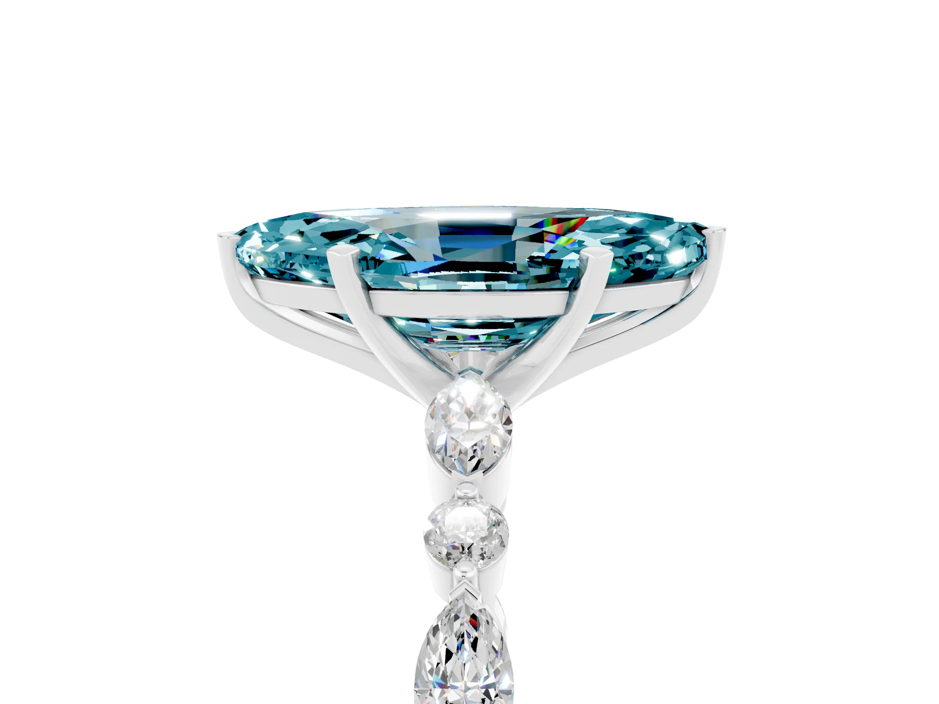 White gold Marquise Cut Blue Topaz Solitaire with Side Stones on a Pavé Band and Four-Prong Setting_5