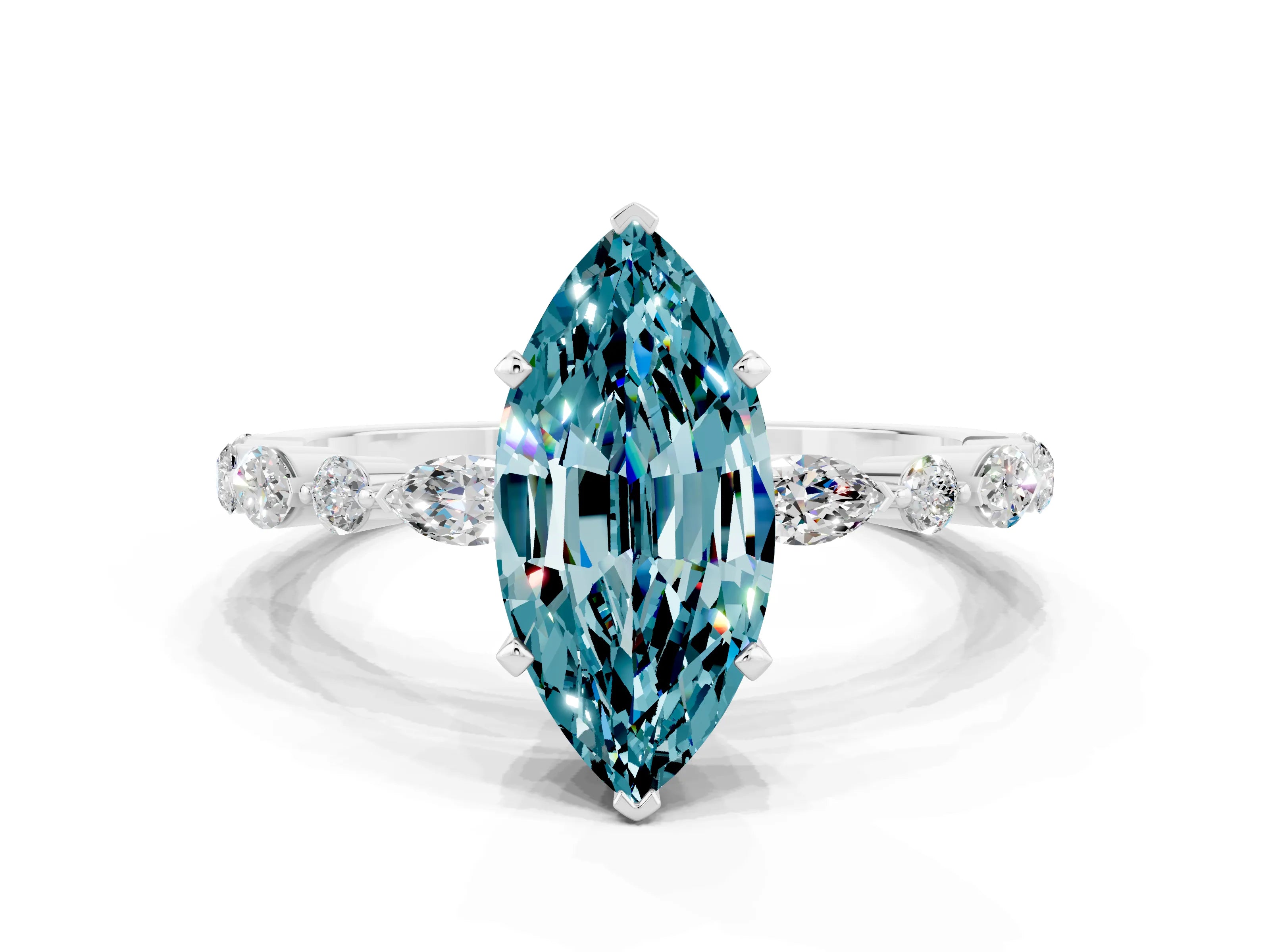 White gold Marquise Cut Blue Topaz Solitaire with Side Stones on a Pavé Band and Four-Prong Setting