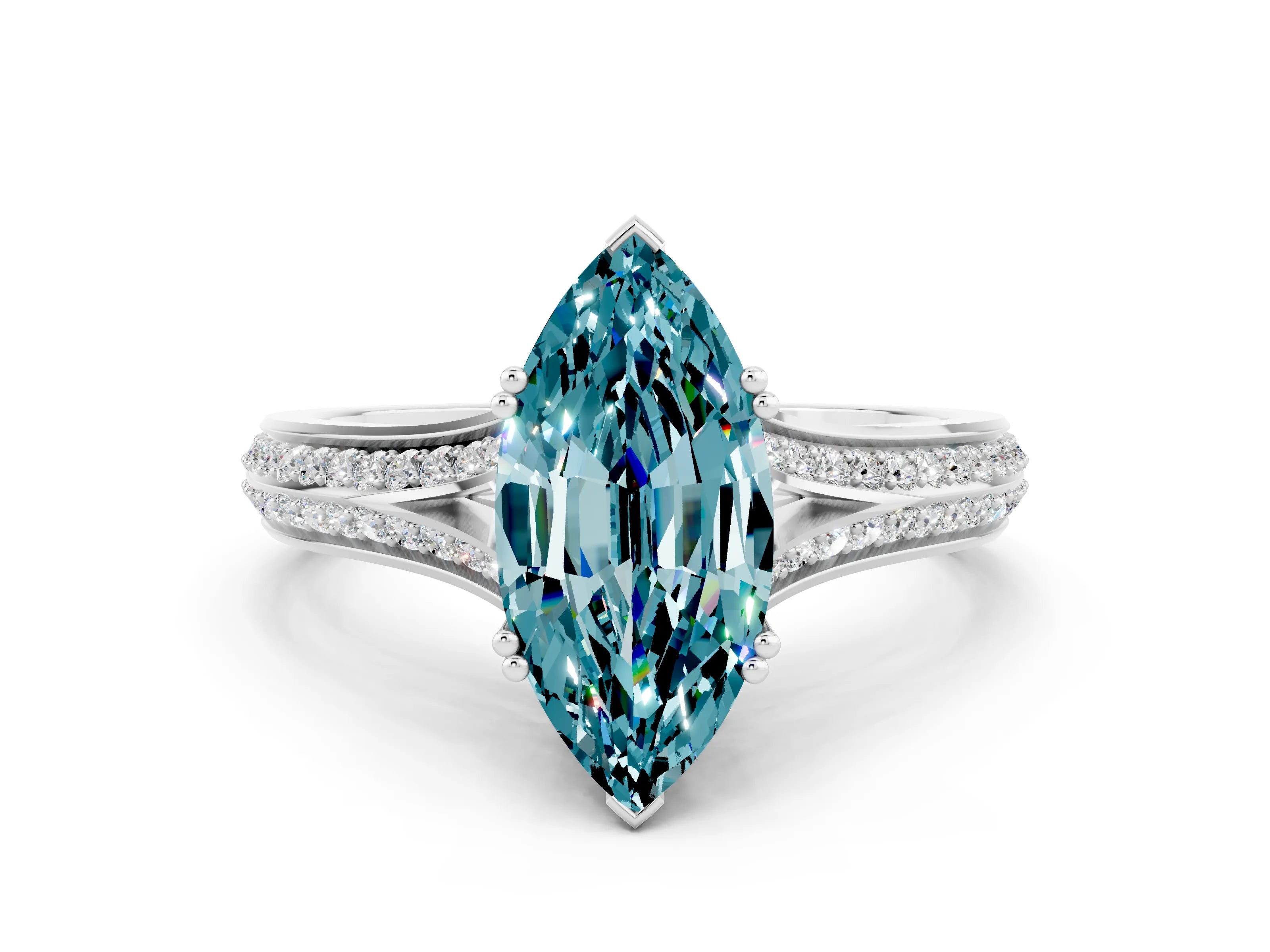 White gold Marquise Cut Blue Topaz Split Shank Engagement Ring with Pavé Band