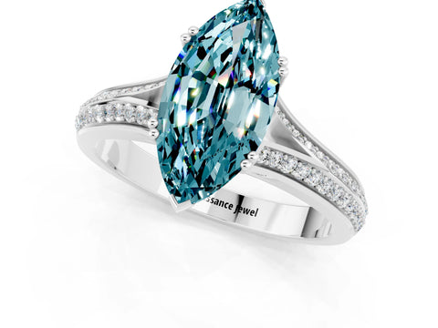 White gold Marquise Cut Blue Topaz Split Shank Engagement Ring with Pavé Band_1