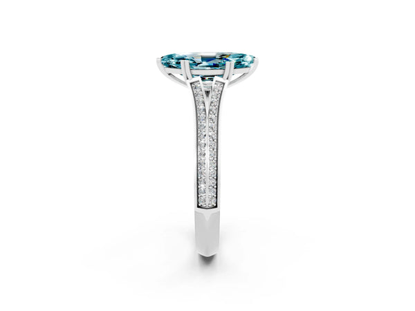 White gold Marquise Cut Blue Topaz Split Shank Engagement Ring with Pavé Band