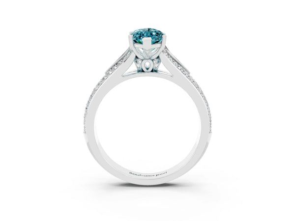Silver Marquise Cut Blue Topaz Split Shank Engagement Ring with Pavé Band