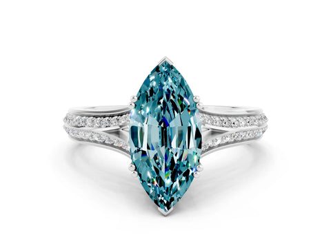 White gold Marquise Cut Blue Topaz Split Shank Engagement Ring with Pavé Band