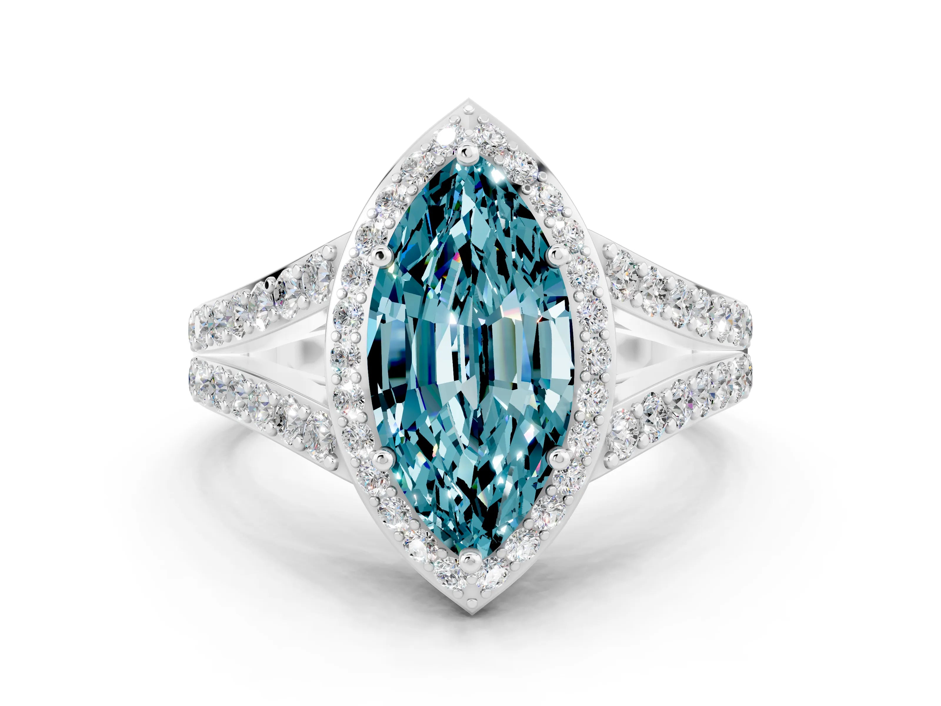 White gold Marquise Cut Blue Topaz Split Shank Halo Ring with Four-Prong Setting_12