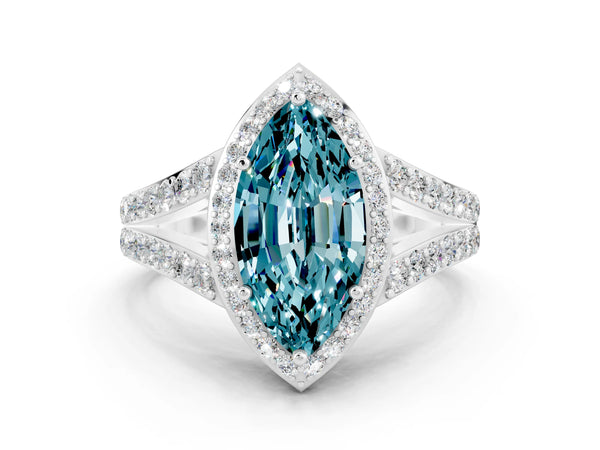 Silver Marquise Cut Blue Topaz Split Shank Halo Ring with Four-Prong Setting