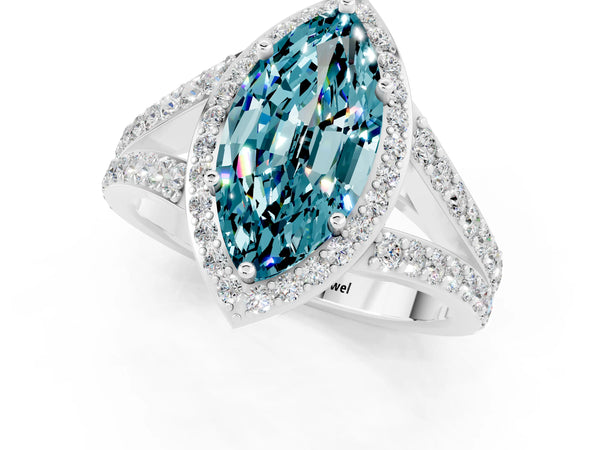 Silver Marquise Cut Blue Topaz Split Shank Halo Ring with Four-Prong Setting
