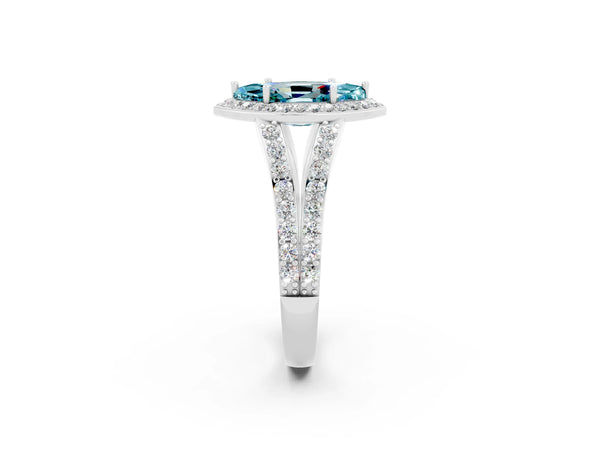 Silver Marquise Cut Blue Topaz Split Shank Halo Ring with Four-Prong Setting